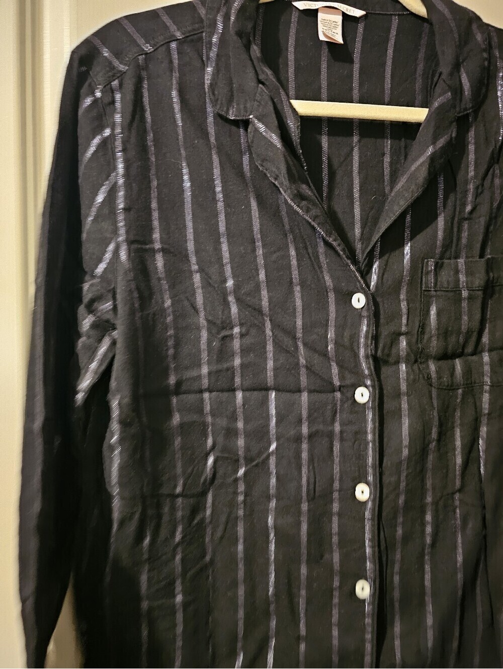Victoria's Secret Black Pajama Button-Up Set with Silver Pinstripes S - Picture 3 of 11